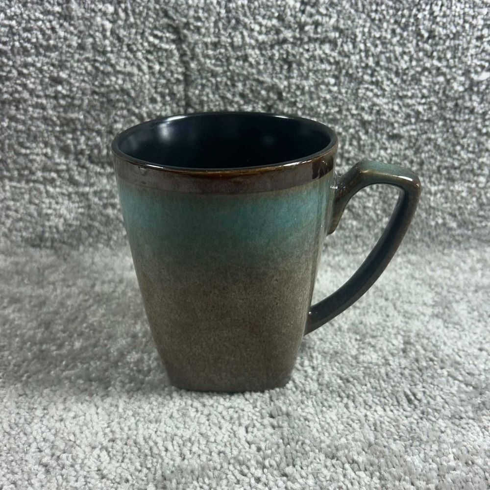 Stoneware Coffee Mug Turquoise Brown Reactive Glaze Square Base